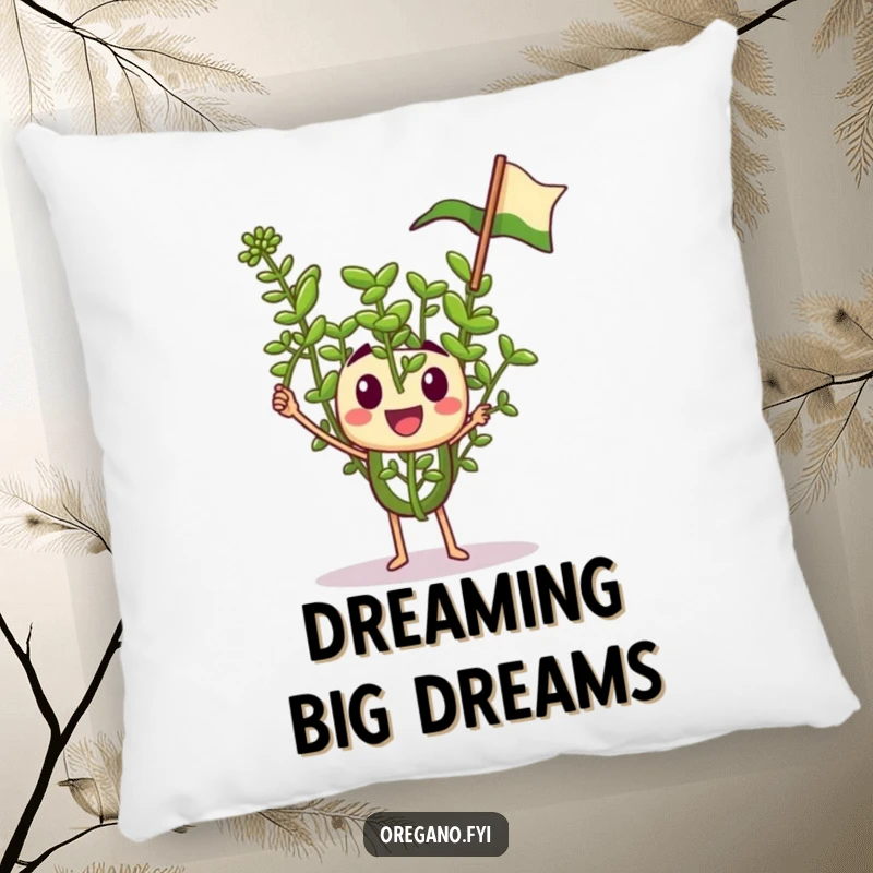 Funny pillow with a tiny oregano sprig character enthusiastically waving a miniature flag, adding cozy cheer to any room.