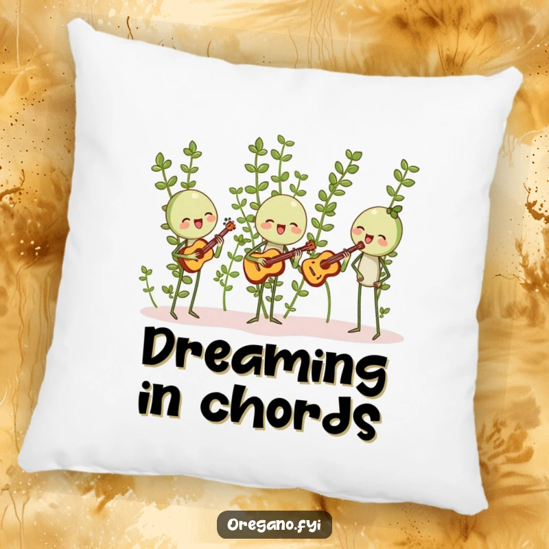 Funny pillow featuring oregano sprigs happily harmonizing with leaf-shaped instruments, a decorative and humorous accent for music fans.