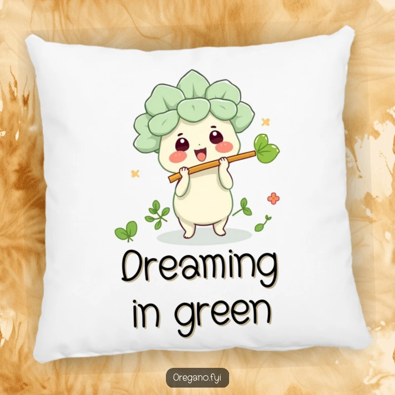 Funny kawaii oregano character happily playing a leaf flute on a soft pillow, bringing comfort and humor to any space.