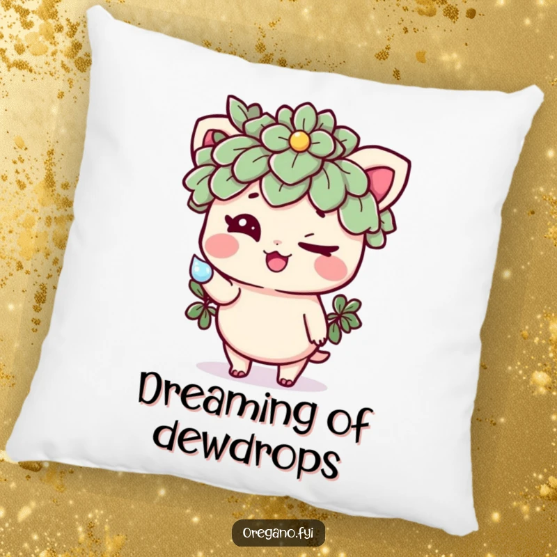 Funny pillow featuring a mischievous oregano character with a wink, holding a sparkling dewdrop, a comfortable and humorous herb decor item.