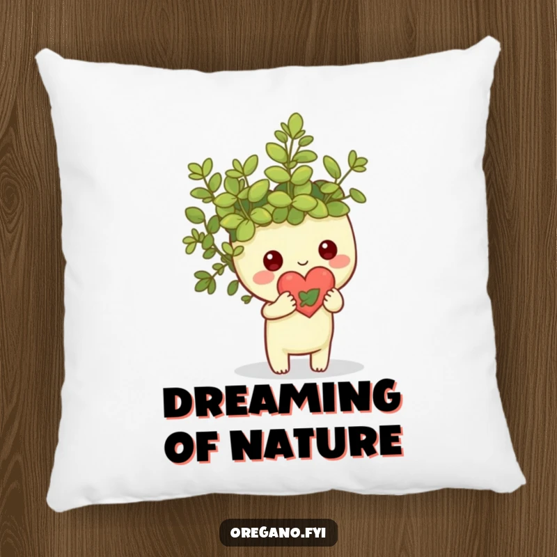 Funny Kawaii oregano sprig character holding a small heart made of leaves, plush pillow with natural and loving theme, cozy home accent.