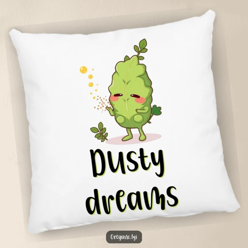 Funny pillow with a sneezing oregano leaf character releasing a cloud of aromatic herb dust, a soft accent for humorous decor.