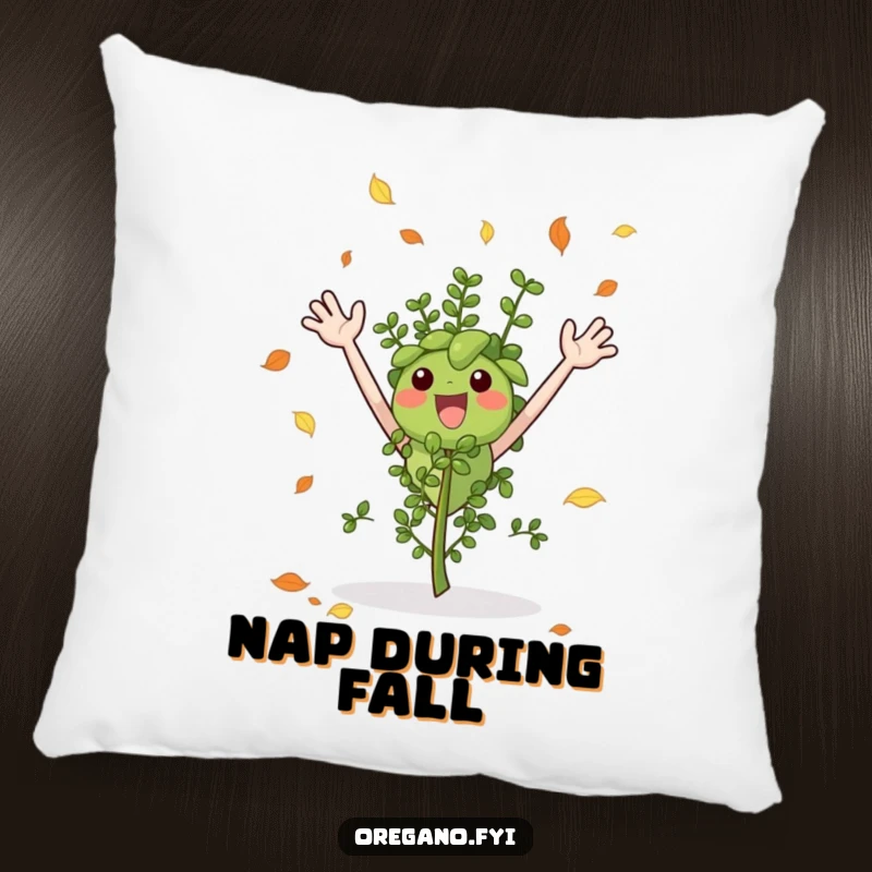 Funny pillow depicting a happy oregano sprig, arms waving, catching colorful falling leaves in a cozy autumn setting.
