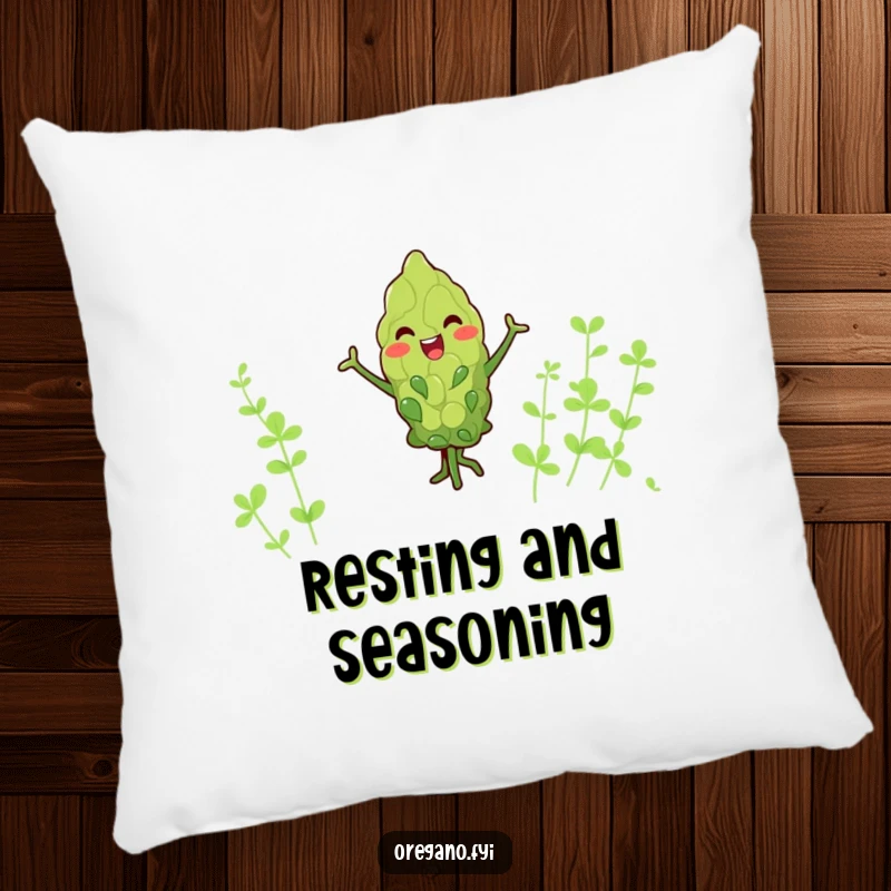 Funny kawaii oregano leaf pillow, joyfully dancing with tiny arms, soft and humorous decor for sofas and beds.