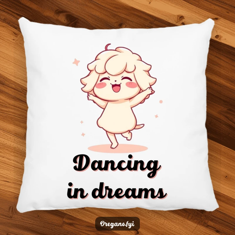 Funny pillow design of a Kawaii oregano character in a funny, delicate dance, looking adorable and charming.