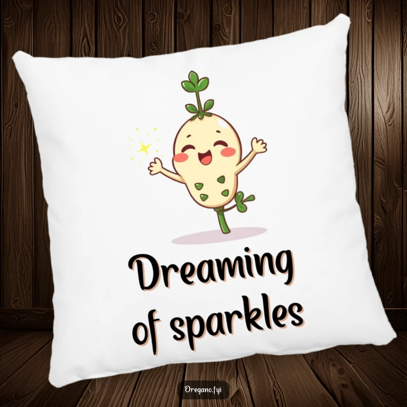 Funny kawaii oregano sprig character joyfully sprinkling shimmering sparkles from its leaves on a plush pillow, perfect for cozying up.