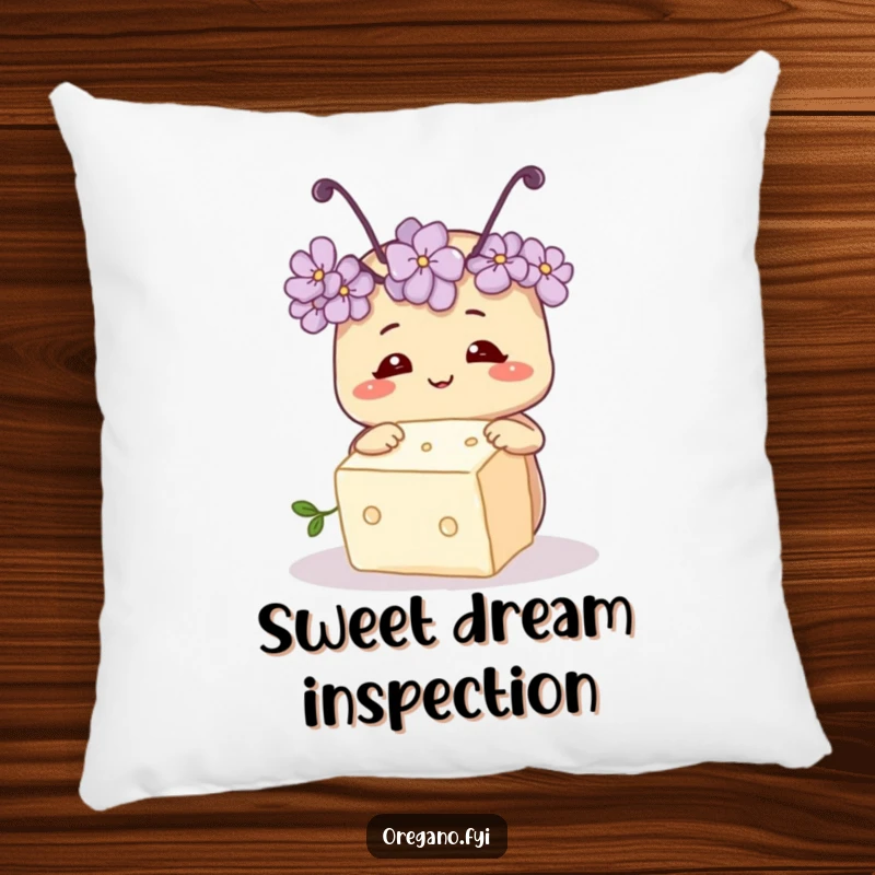 Funny pillow design of a smiling oregano herb with tiny antennae, curiously inspecting a sugar cube, offering plush comfort and whimsy.