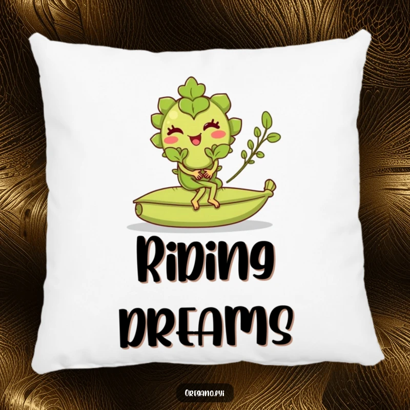 Funny pillow with a winking oregano leaf character riding a rolling bay leaf, a soft and humorous decorative accent.