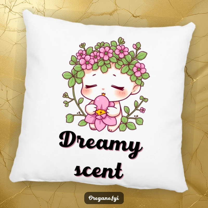 Funny oregano comfort pillow featuring a relaxed herb character smelling a flower, ideal for adding a touch of calm. Soft and humorous home accent.