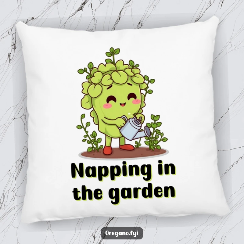 Funny pillow depicting an oregano leaf character watering a miniature herb garden, bringing comfort and natural charm.