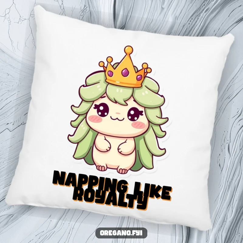 Funny pillow design of a regal oregano character wearing a tiny crown, looking dignified and amusingly noble.