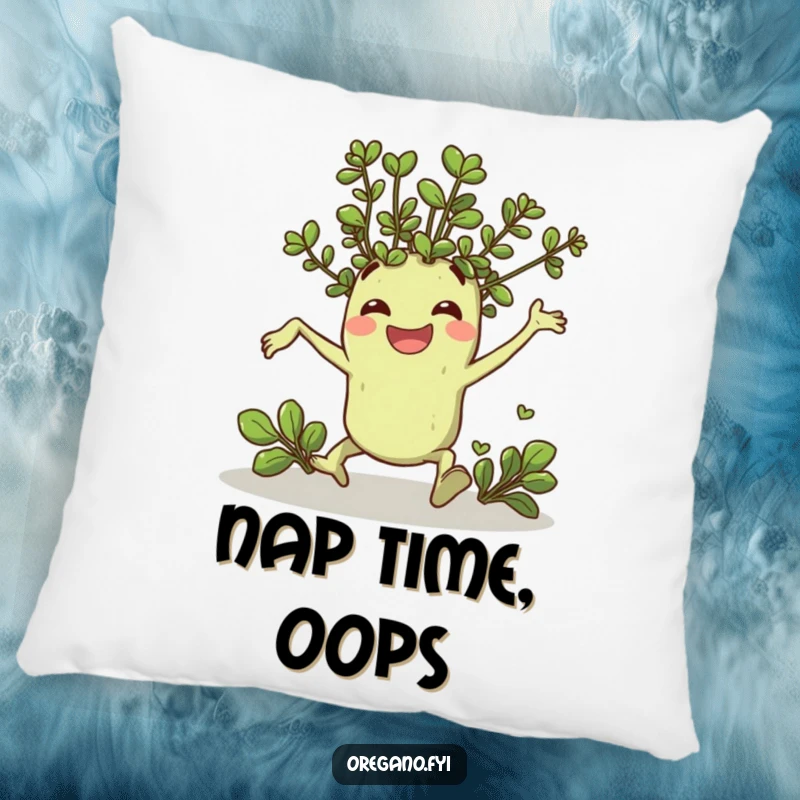 Funny pillow with a cheerful oregano sprig character comically tripping and landing with a smile, adding humor to relaxation.
