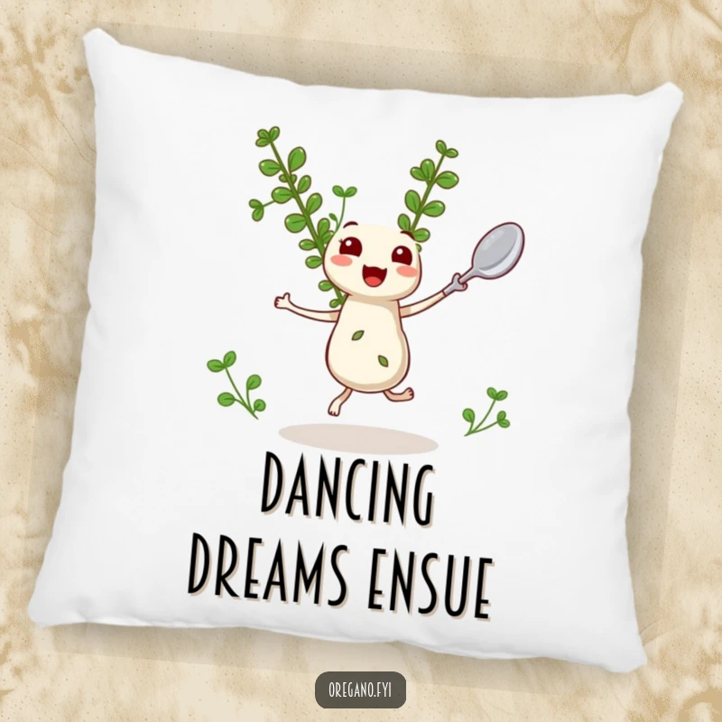 Funny Oregano Pillow: A happy kawaii oregano sprig dances with a tiny spoon, perfect for adding funny charm.