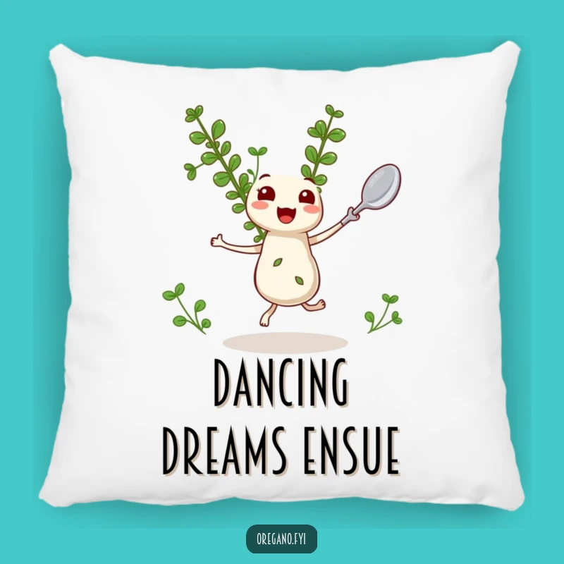 Funny Oregano Pillow: Dancing Kawaii Herb Design for Cozy Fun