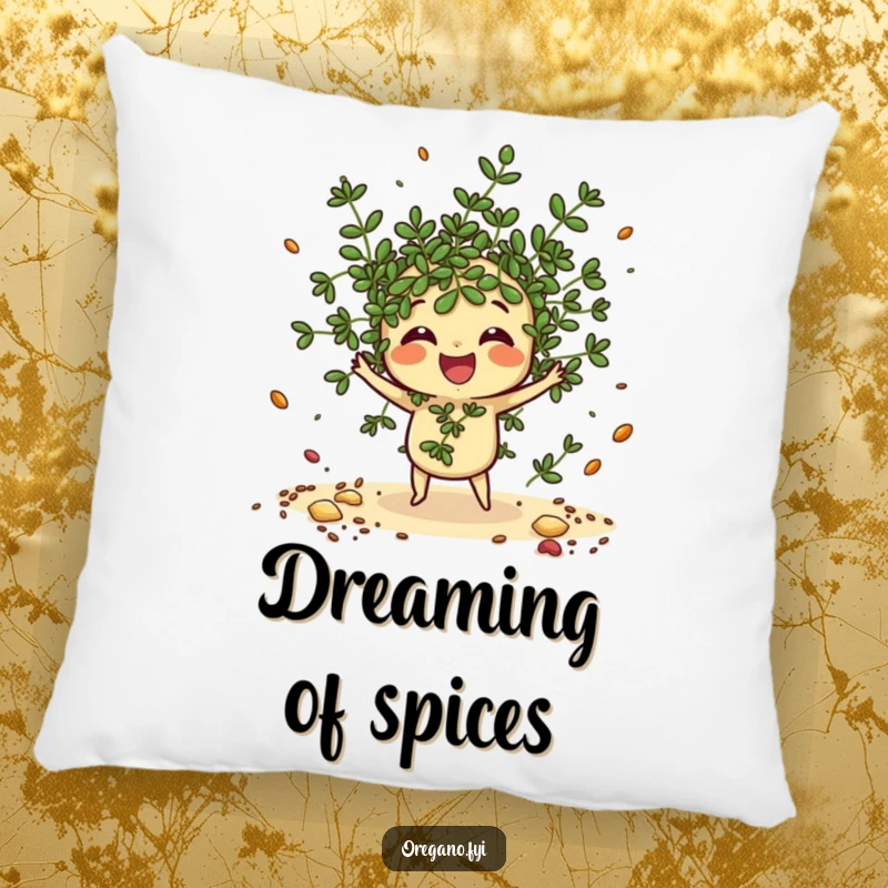 Funny Oregano Pillow: A happy kawaii oregano sprig scatters imaginary spices, perfect for adding funny charm.