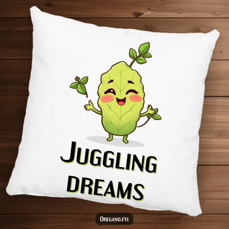Funny pillow featuring a winking oregano leaf character juggling three basil leaves with a sly expression.