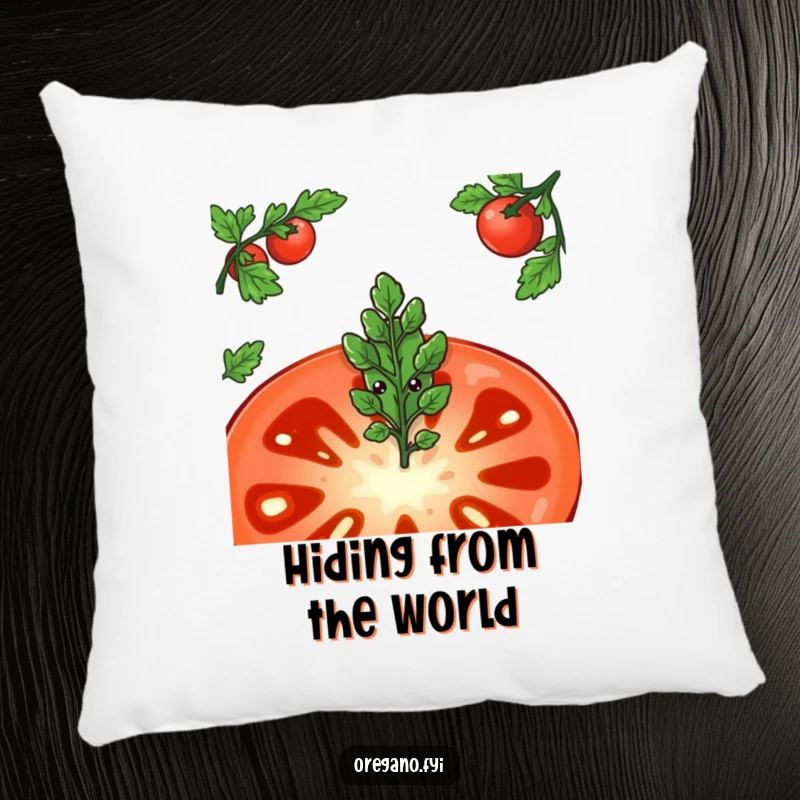 Funny pillow depicting a shy oregano leaf character peeking from behind a large tomato slice, bringing comfort and gentle humor.