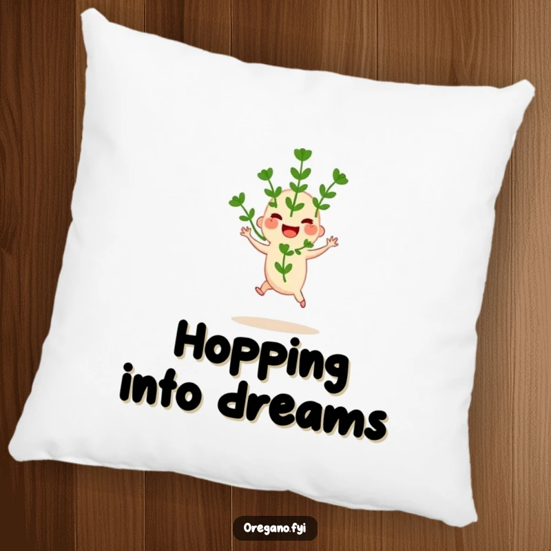 Funny pillow with a joyful oregano sprig performing a happy hop, offering soft comfort and herbaceous cheer. Home accent.