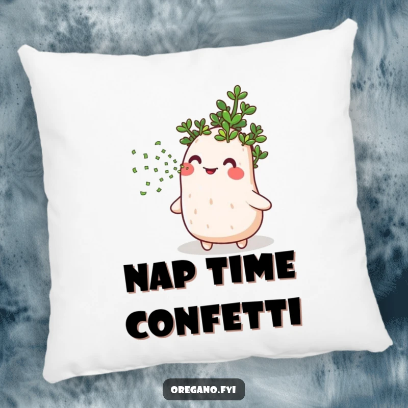 Funny pillow design of a smiling oregano herb celebrating with a shower of tiny green confetti, offering plush comfort and humor.