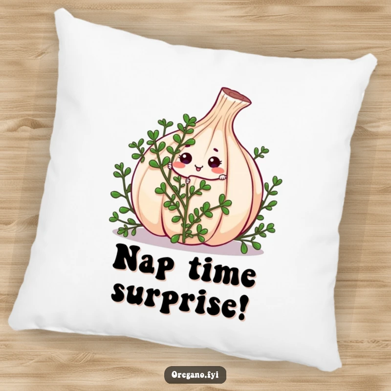 Funny kawaii oregano sprig character playing peek-a-boo from behind a large garlic clove on a plush pillow, adding whimsy.