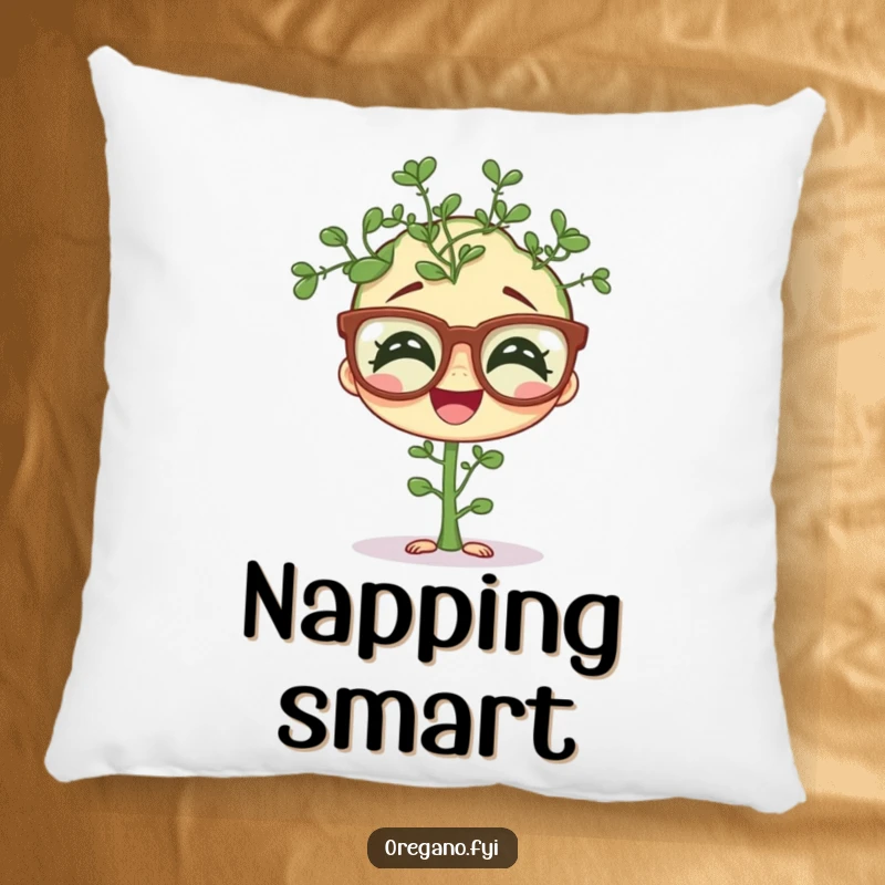 Funny pillow featuring a giggling oregano sprig wearing comical oversized spectacles, a comfortable and humorous herb decor item.