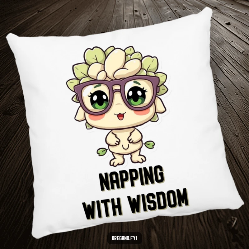Funny oregano sprig with oversized glasses on a soft pillow, looking bewildered but pleased, offering comfort and whimsical appeal.