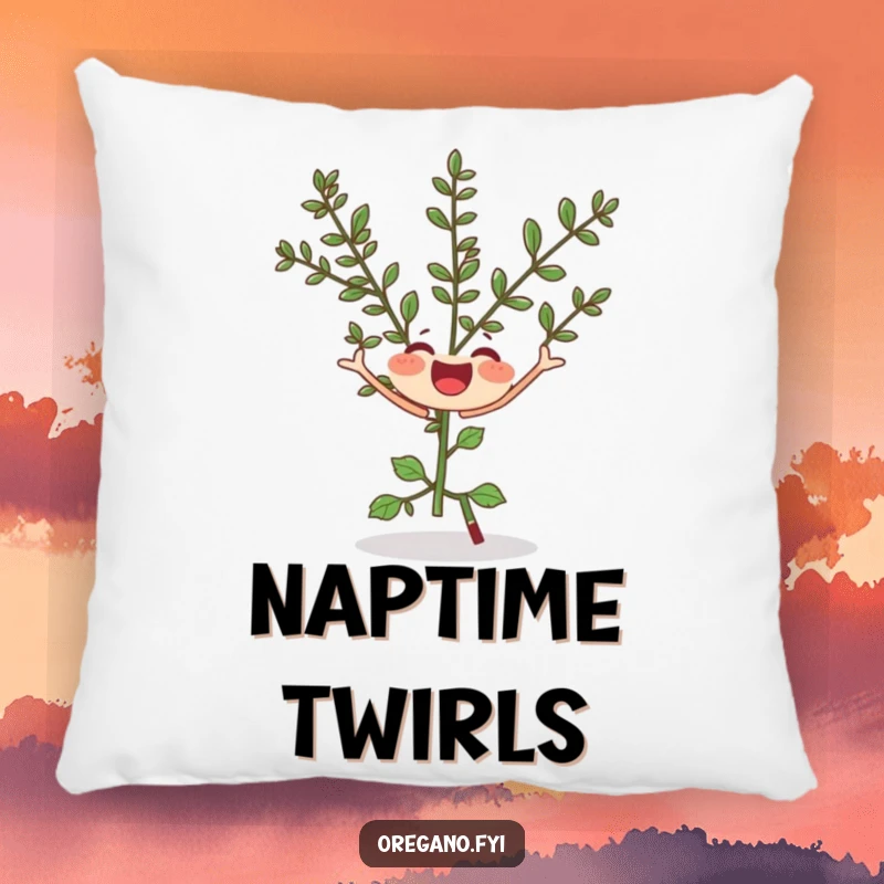 Funny pillow featuring a joyful oregano sprig doing a silly twirl, a comfortable and humorous herb decor item.