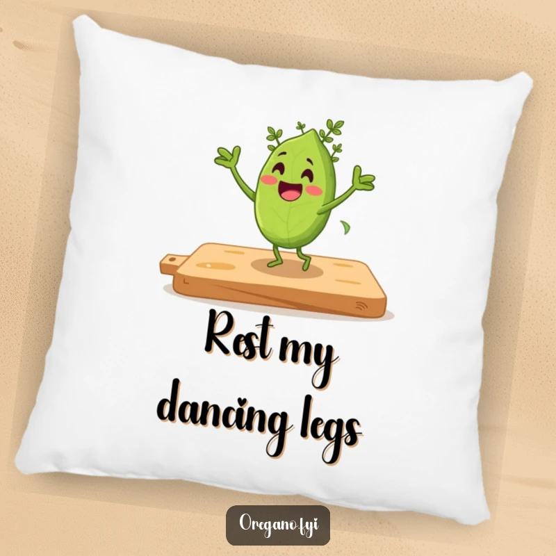 Funny pillow featuring an oregano leaf character doing a happy jig dance on a cutting board.