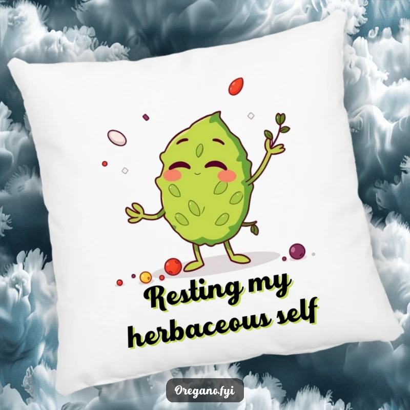 Funny Pillow featuring a giggling oregano leaf character juggling spices, offering comfort and comedic relief for any room.