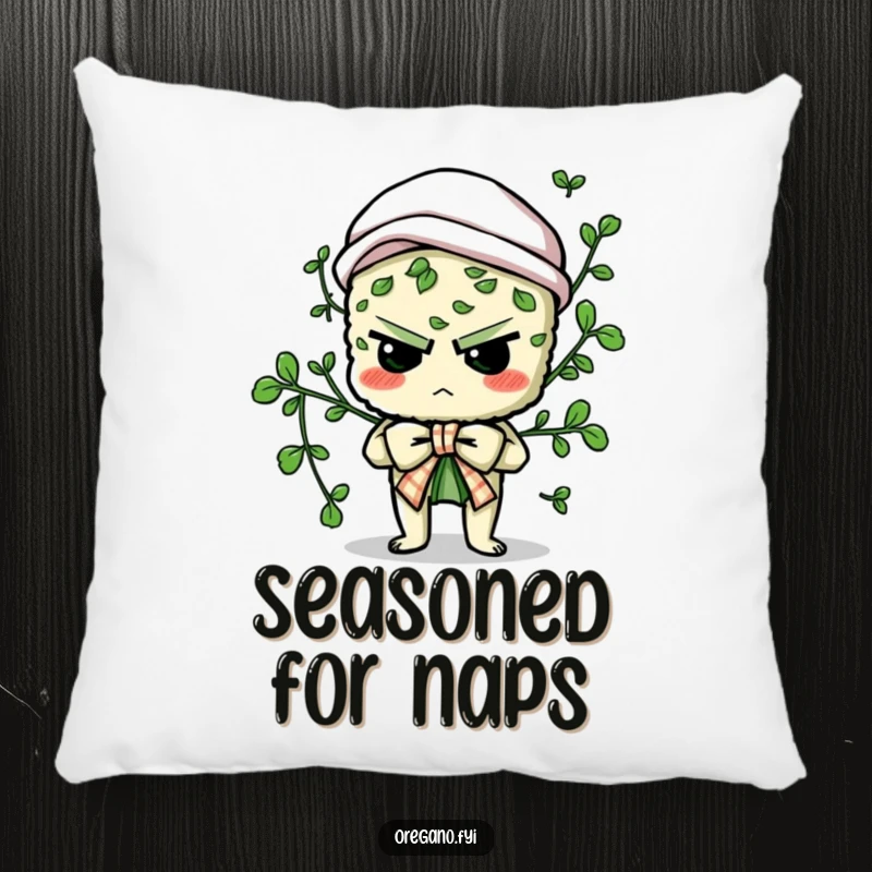 Funny pillow featuring a determined oregano character comically trying to tie a culinary bow, a humorous and comfortable home accent.