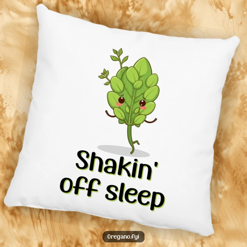 Funny pillow featuring a single oregano leaf with tiny legs performing a lively shimmy, adding whimsical decor. Soft and comfy.