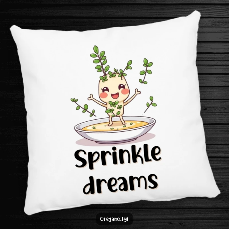 Funny pillow featuring a cheerful oregano sprig character with tiny legs joyfully sprinkling itself onto a dish, a decorative and humorous accent.