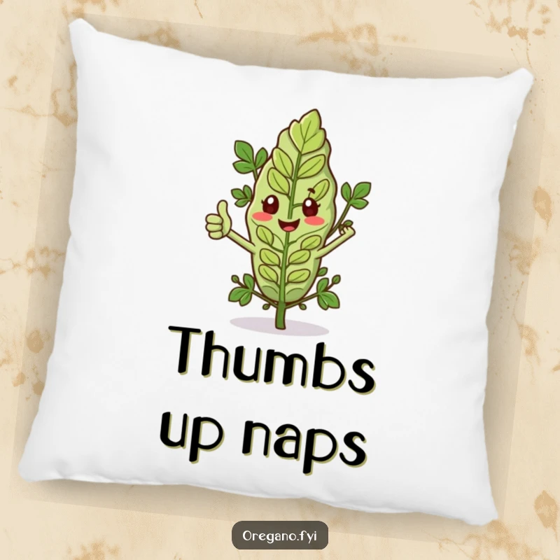 Funny pillow with an oregano leaf and tiny arms giving a thumbs up, offering soft comfort and positive affirmation. Home accent.