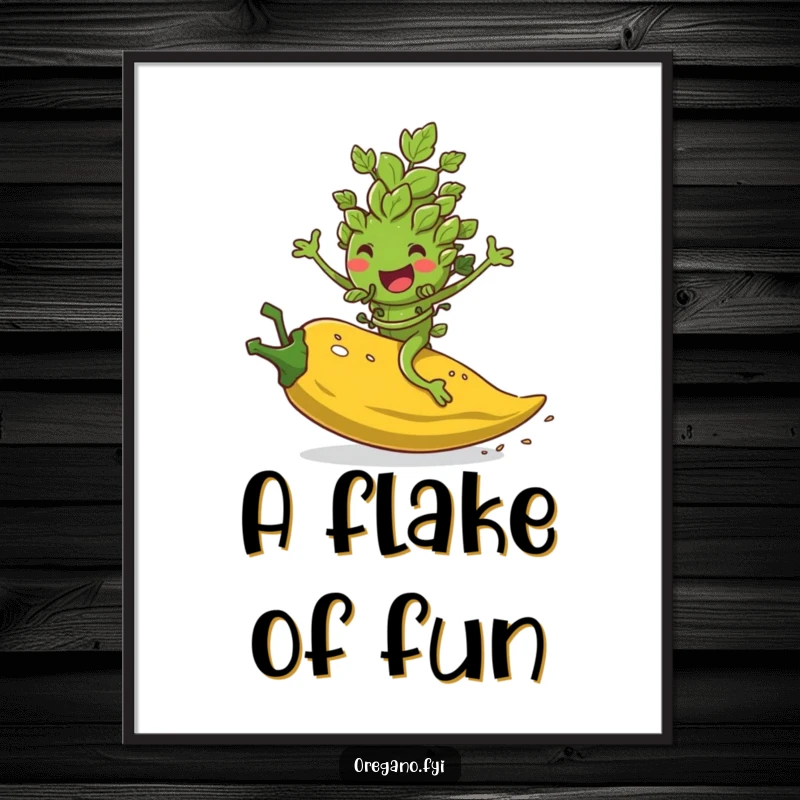 Funny digital art print of an oregano leaf character joyfully riding a rolling pepper flake, perfect for adding spicy humor.