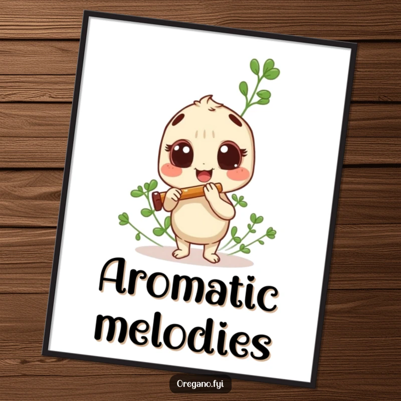 Funny oregano sprig digital art print, enthusiastically playing a tiny panpipe, vibrant and musical herb.