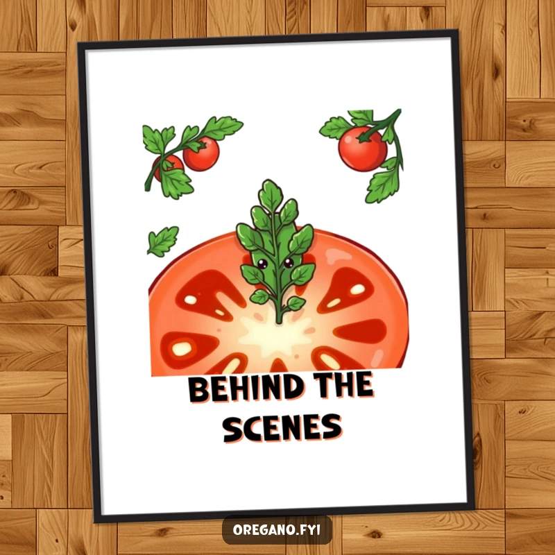 Funny digital art print of a shy oregano leaf character peeking from behind a large tomato slice, perfect for adding gentle humor.