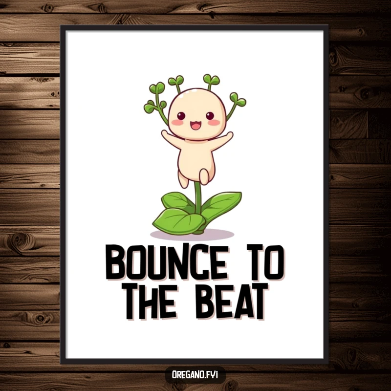 Funny digital art print of a cute kawaii oregano herb joyfully hopping on a single leaf, radiating pure excitement.