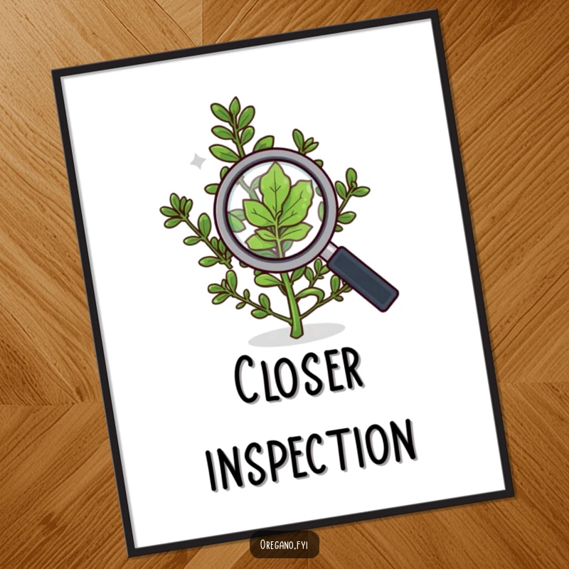 Funny digital art print of an oregano sprig with a magnifying glass, intently inspecting a single leaf with focus.