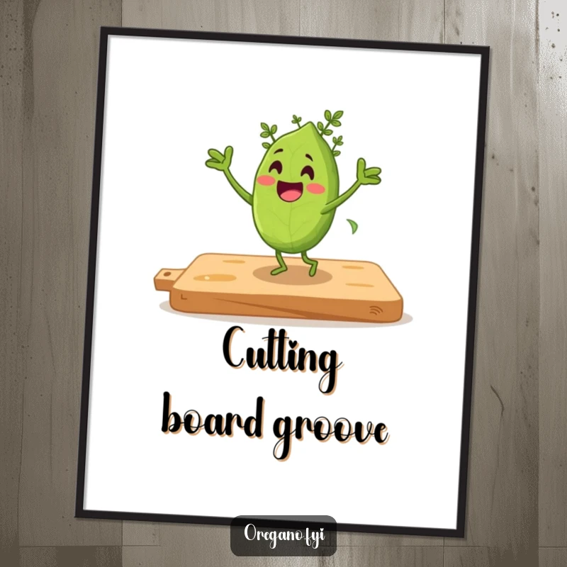Funny digital art print of an oregano leaf character doing an excited jig dance on a cutting board.