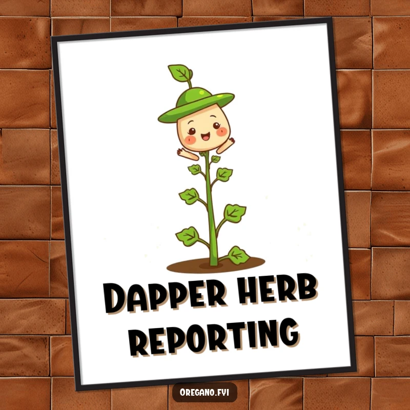 Funny digital art print of a smiling oregano herb with a small leaf hat on its stem, radiating cheerful charm.