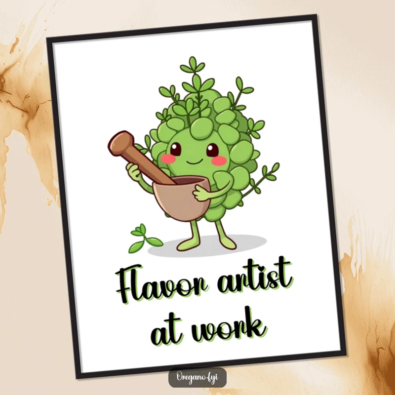 Funny digital art: An oregano leaf character holds a miniature mortar and pestle, ready to grind herbs, capturing a humorous preparation moment.