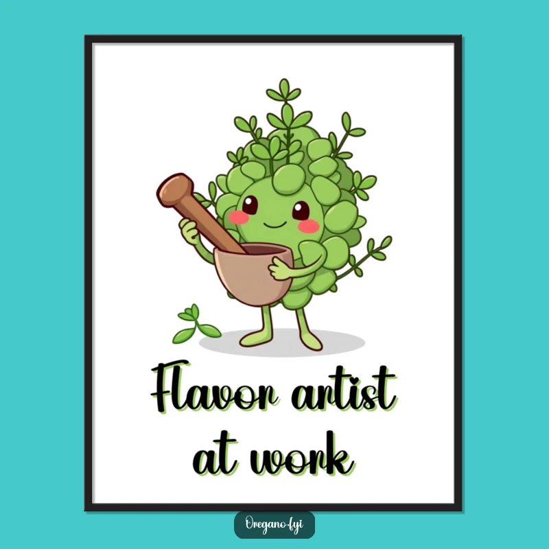 Funny Grinding Oregano Leaf Digital Art: Humorous Herb Prep Decor!