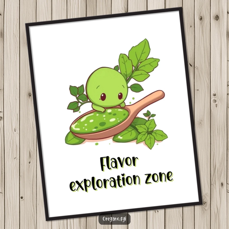 Funny digital art: An oregano leaf character curiously explores a giant spoonful of pesto, bringing a humorous culinary scene to life instantly.