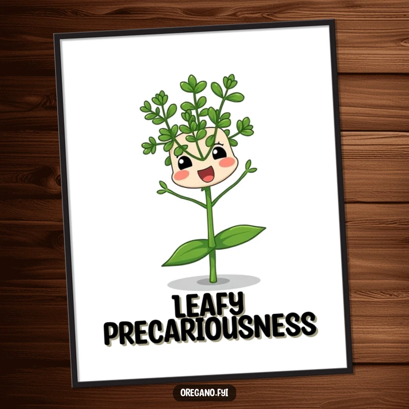 Funny digital art print of an oregano sprig character comically balancing on a single leaf, offering instant wall decor with precarious, humorous charm.