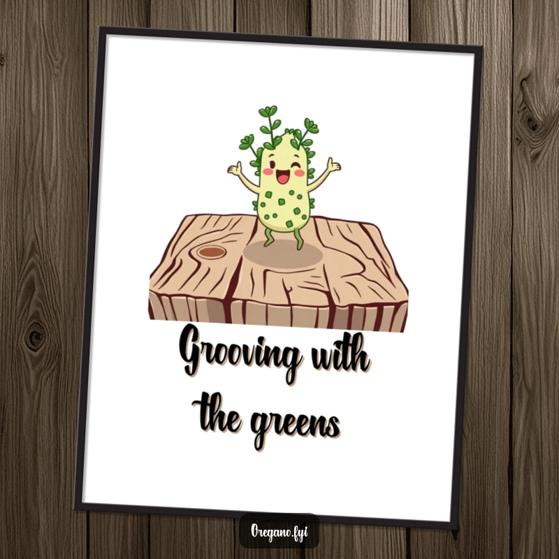 Funny digital art: A cheerful oregano character jigs energetically on a rustic wooden surface, perfect art.