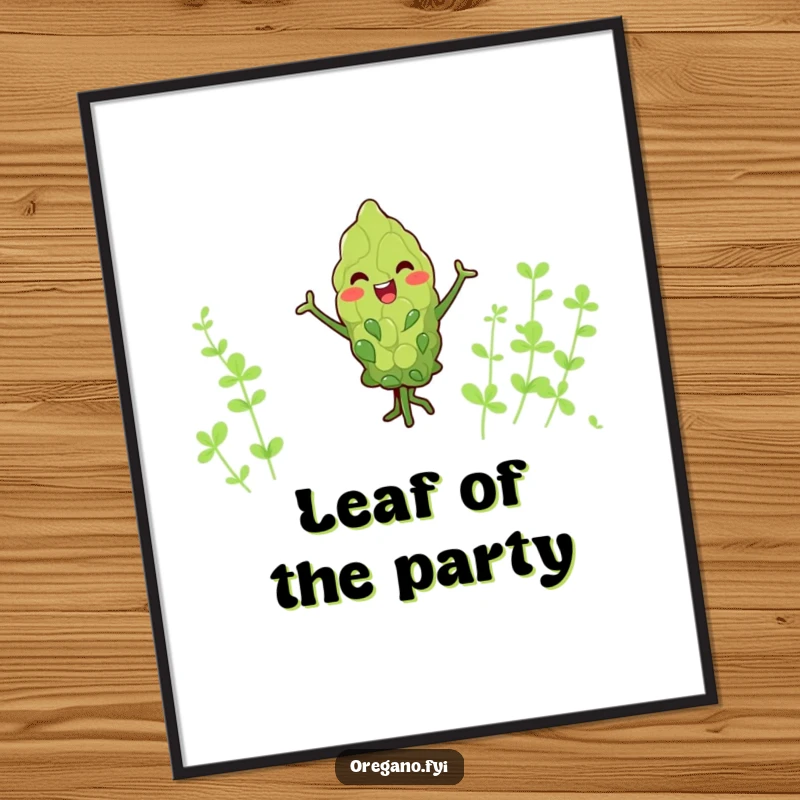 Funny kawaii oregano leaf digital art print, joyfully dancing with tiny arms, instant download for humorous and cheerful decor.