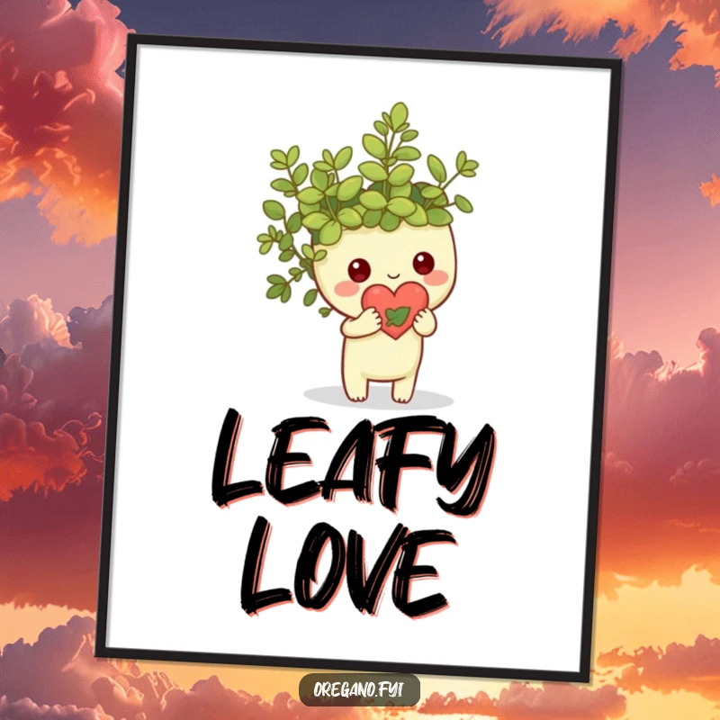 Funny Kawaii oregano sprig character holding a tiny heart made of leaves, digital art with natural and loving theme, instant download.