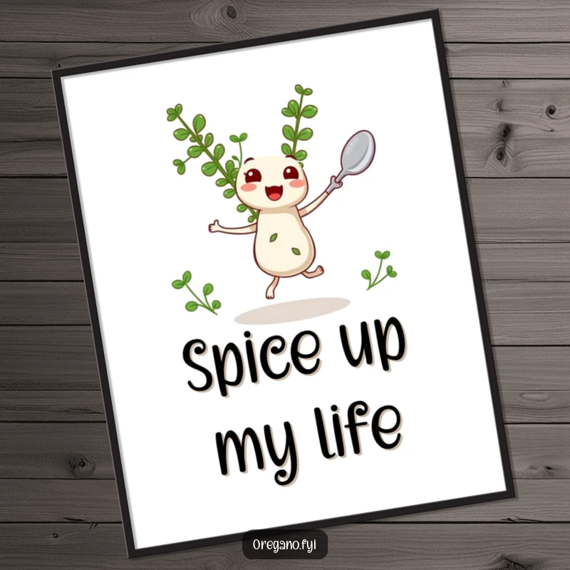 Funny Oregano Digital Art Print: A dancing kawaii oregano sprig with a miniature spoon, ready to bring culinary fun.