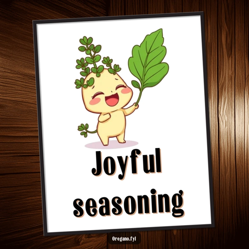 Funny digital art print of a giggling oregano sprig character being playfully tickled by a curry leaf, instant humorous decor.