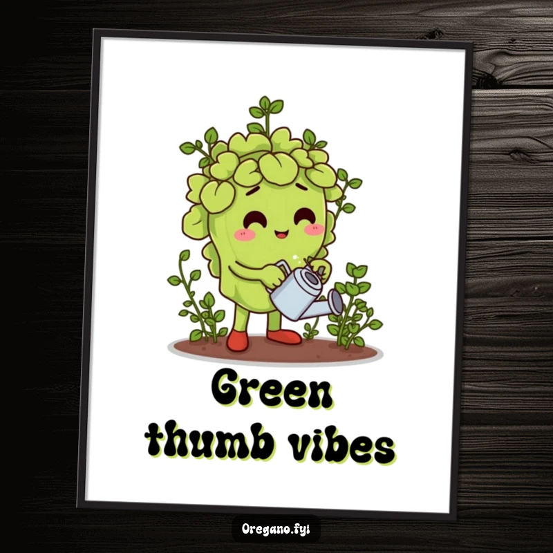 Funny digital art print of an oregano leaf character watering a miniature herb garden, perfect for adding botanical charm.